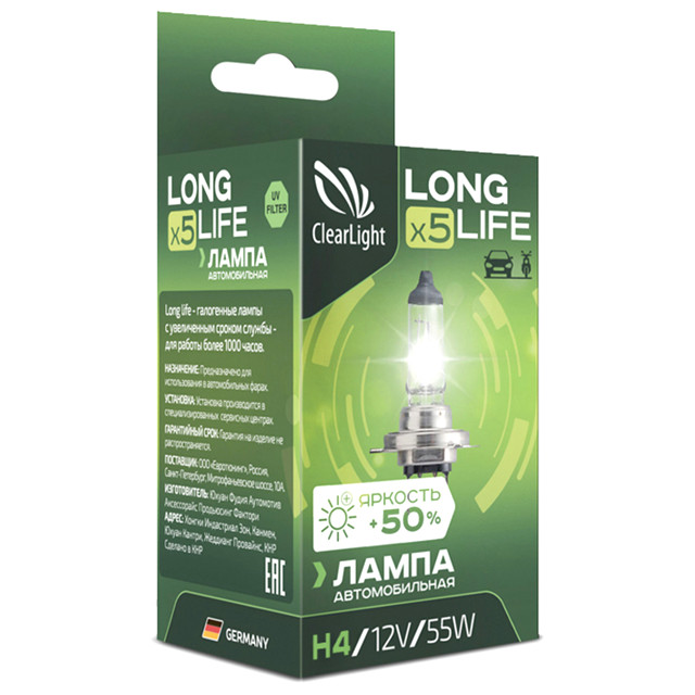 лампа CLEARLIGHT H4 LongLife 12В 55Вт 1шт