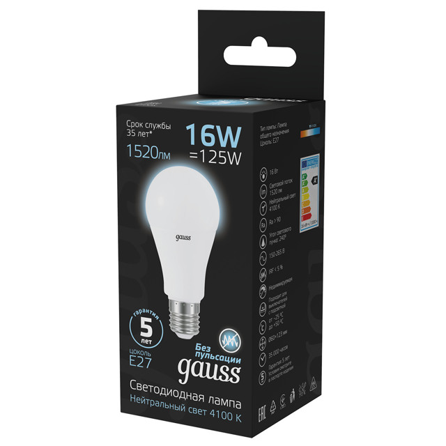 лампа GAUSS 16Вт E27 LED 1520Лм 4100K A60 груша