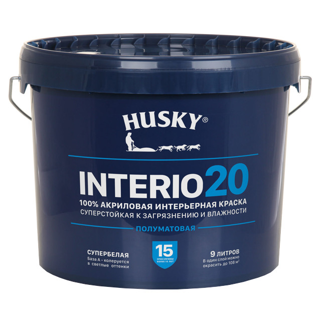 краска акриловая HUSKY INTERIO 20 для стен и потолков база А 9л, арт.32219