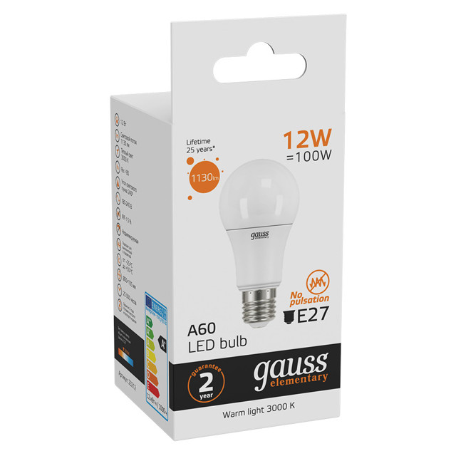 лампа GAUSS Elementary 12Вт E27 LED 1130Лм 3000K A60 шар