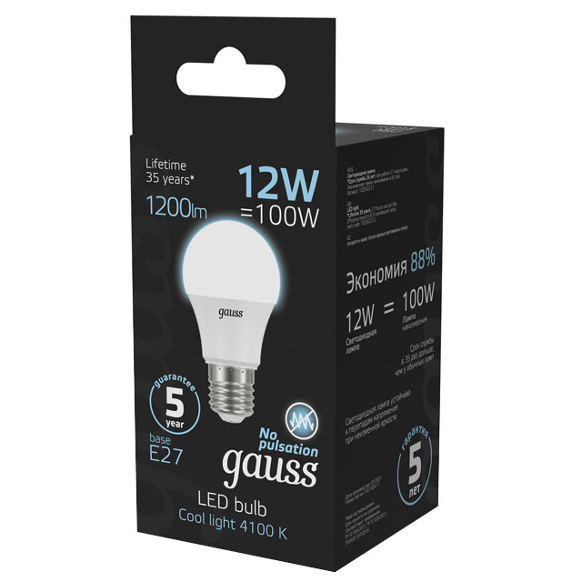 лампа GAUSS 12Вт E27 LED 1200Лм 4100K A60 груша
