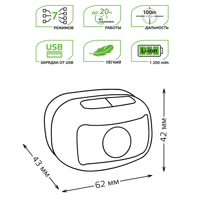 фонарь налобный GAUSS LED 3Вт 220Лм Li-ion 1200mAh черный