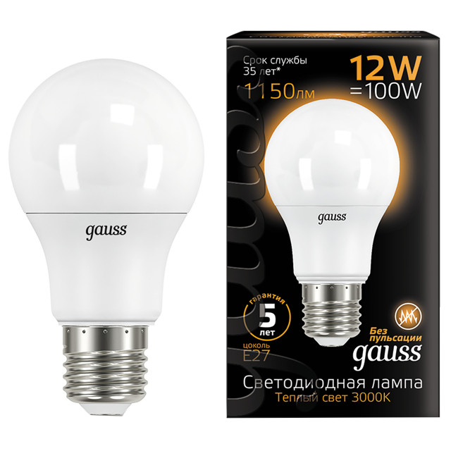лампа GAUSS 12Вт E27 LED 1150Лм 3000K A60 груша
