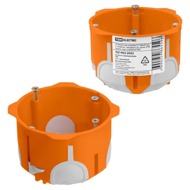 коробка установочная TDM D68х50 мм 2-х компон саморезы пл.лапки IP30 оранжевый