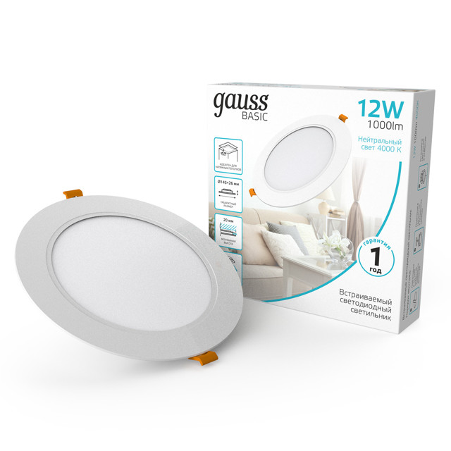 светильник встраиваемый GAUSS Downlight LED 12Вт 1000m 4000K IP20 круг белый