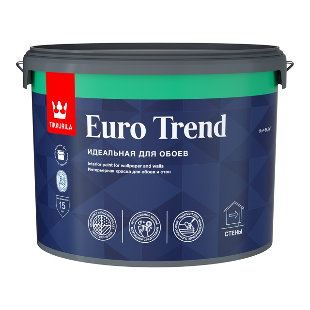 краска акриловая TIKKURILA Euro Trend для обоев база C 9л бесцветная, арт.700009624