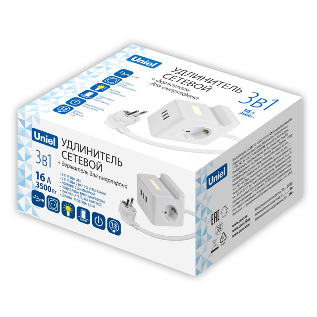 удлинитель с USB UNIEL S-GCD2-1,5SBUH белый