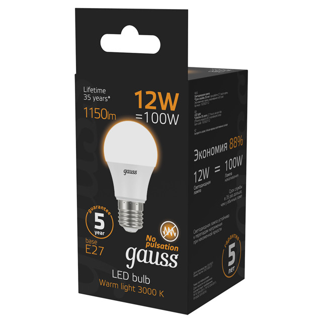 лампа GAUSS 12Вт E27 LED 1150Лм 3000K A60 груша
