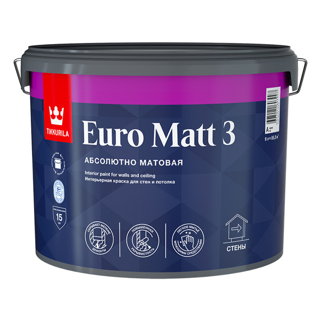 краска в/д TIKKURILA Euro Matt 3 база A 9л белая, арт.700001114