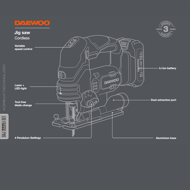 лобзик аккумуляторный DAEWOO DAJ 2221Li SET 21В Li-Ion 2,0Ач 1АКБ