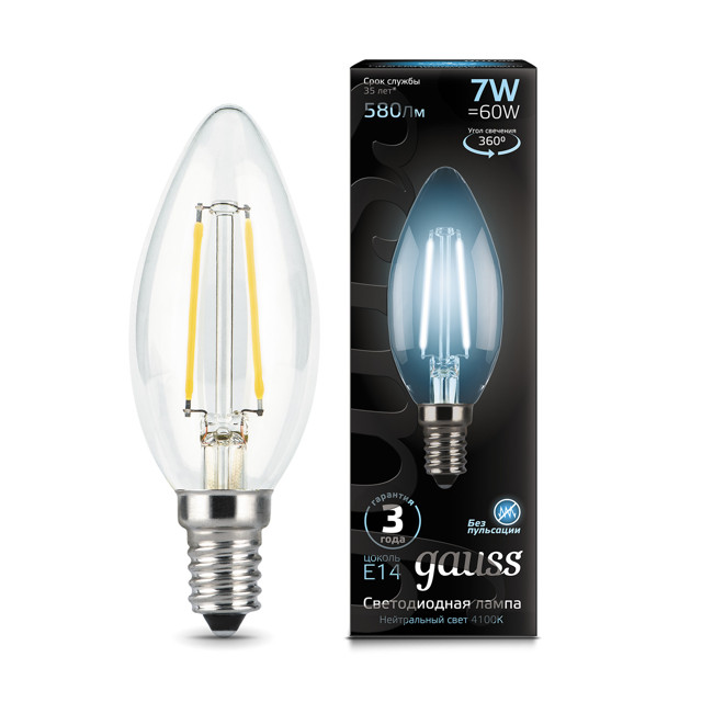 лампа GAUSS Filament 7Вт Е14 LED 580Лм 4100К свеча
