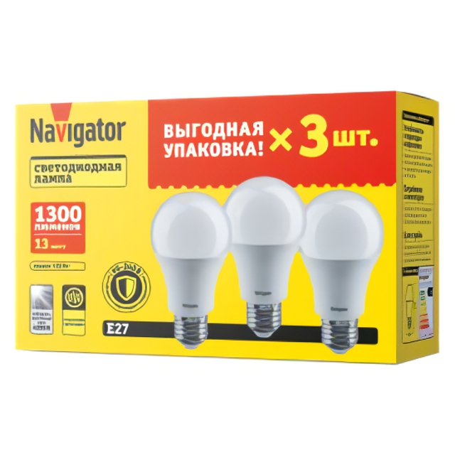 лампа светодиодная NAVIGATOR 13Вт Е27 230В 4000К груша 3шт