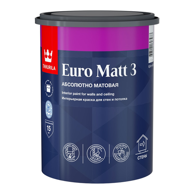 краска акриловая TIKKURILA Euro Matt 3 для стен и потолков база С 0,9л бесцветная, арт.700001115