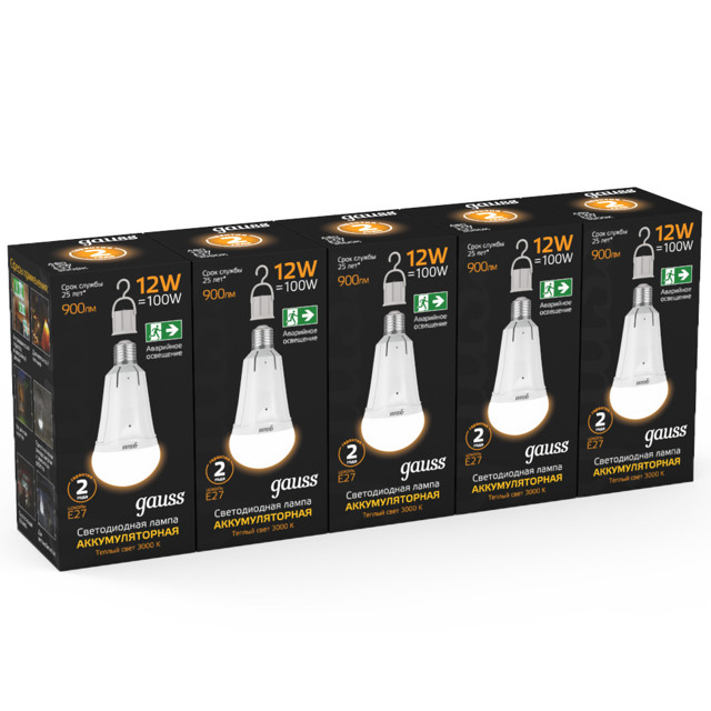 лампа Gauss 12Вт Е27 900Лм LED 3000К авар. с Li-Ion аккумулятором груша
