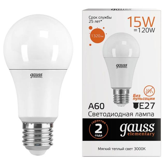 лампа GAUSS Elementary 15Вт E27 LED 1320Лм 3000K A60 шар