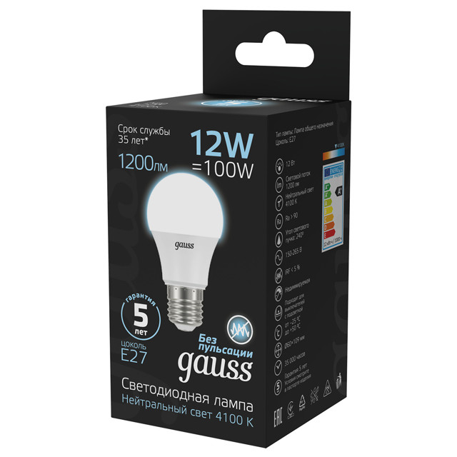 лампа GAUSS 12Вт E27 LED 1200Лм 4100K A60 груша