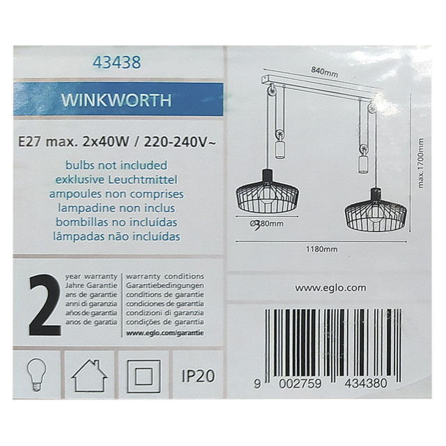 светильник подвесной EGLO Winkworth 2х40Вт E27 сталь черный