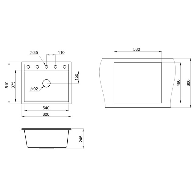 мойка GRANULA Kitchen Space 6003 600х510х245мм черный кварц