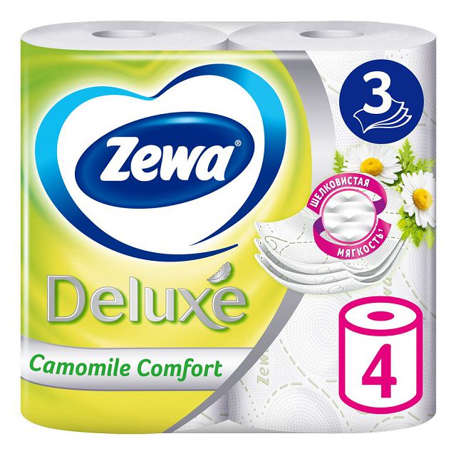 бумага туалетная ZEWA Deluxe 4шт в уп. 3-слойные 145 листов аромат ромашка