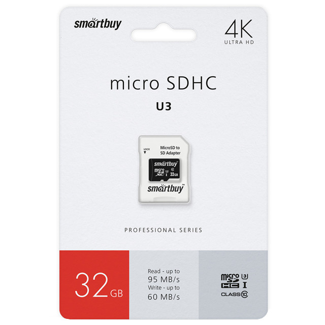 карта памяти micro SDXC SMARTBUY 32GB Class10 PRO с адаптером SD