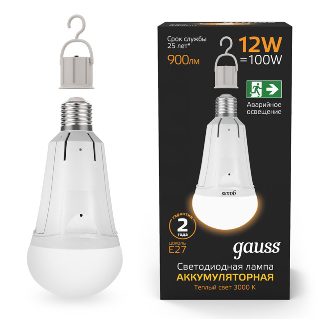 лампа Gauss 12Вт Е27 900Лм LED 3000К авар. с Li-Ion аккумулятором груша