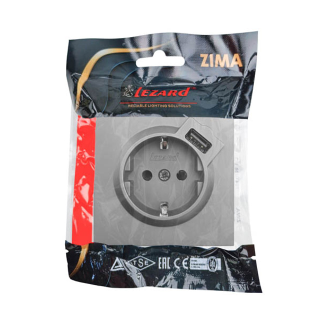 розетка 1 пост LEZARD Zima с/з + USB разъём серый матовый