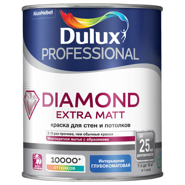 краска в/д DULUX Trade Diamond Extra matt база BС для стен и потолков 0,9л бесцветная, арт.5273954