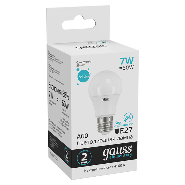 лампа GAUSS Elementary 7Вт E27 LED 540Лм 4100K A60 груша