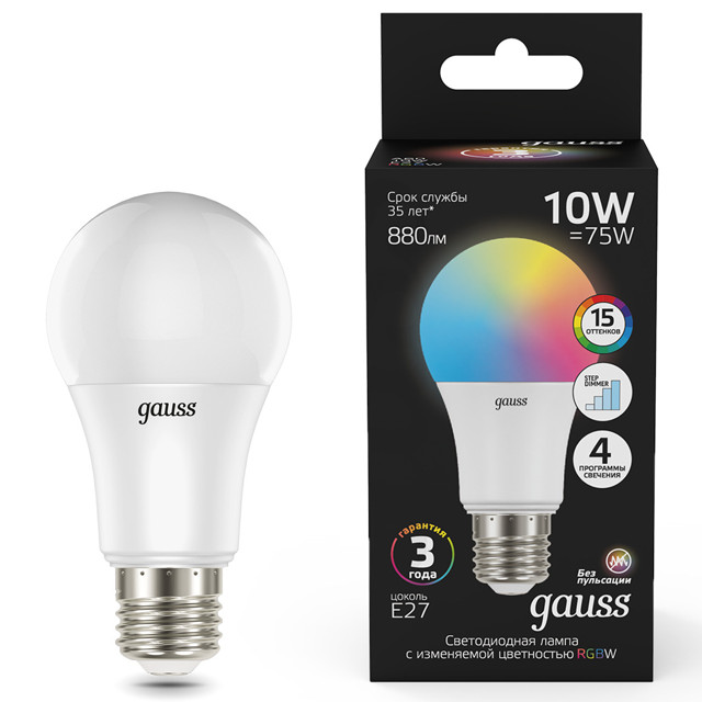 лампа светодиодная GAUSS 10Вт E27 LED RGBW+димирование
