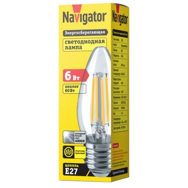 лампа филаментная NAVIGATOR 6Вт Е27 LED 4000К Е27 660Лм свеча