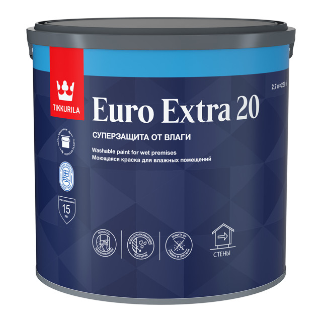 краска акриловая TIKKURILA Euro Extra 20 для стен и потолков база С 2,7л бесцветная, арт.700001109