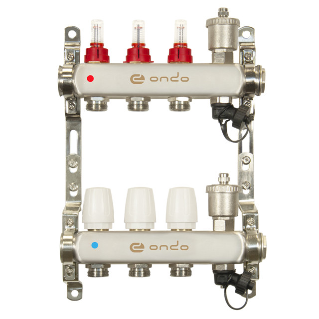коллекторная группа ONDO 1" х 3 отвода с расходомерами нерж. сталь