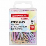 скрепки BRAUBERG Pastel 28 мм 100шт в пластиковой коробке пастельные цвета - фото в каталоге Максидом